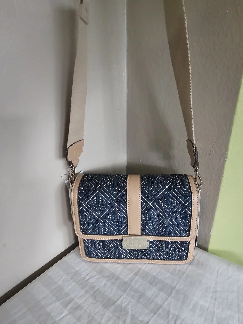 True Religion Denim Quilted Crossbody with Beige Trim